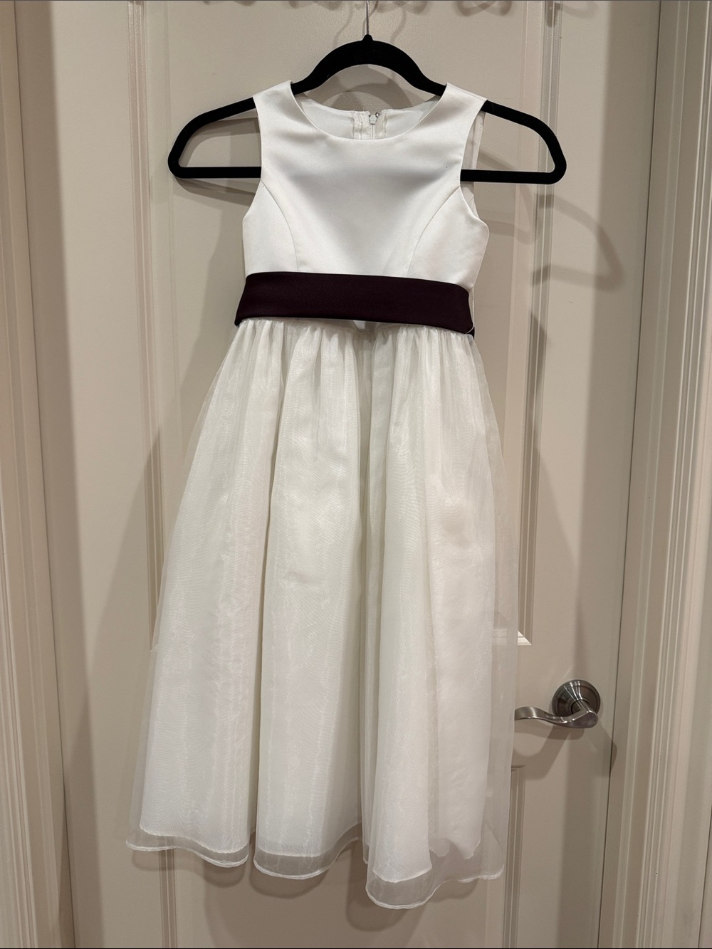 David's Bridal White Satin & Tulle Dress with Chocolate Brown Sash